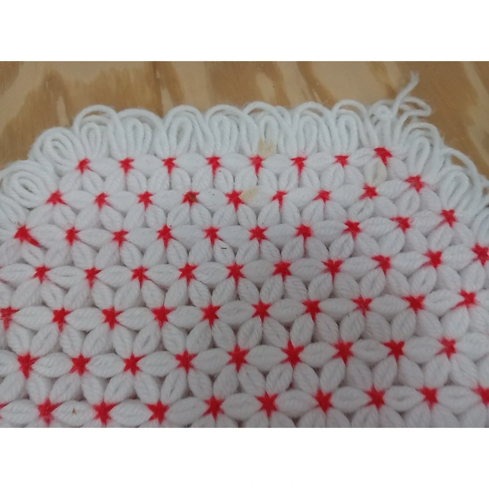 Lot Of 4 VTG Handmade Star Placemats Crochet Yarn White With Red Stars Table Mat
